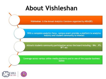 About Vishleshan Vishleshan is the Annual Analytics Conclave organized by MBA(BE) With a complete analytics focus, campus event provides a platform to.