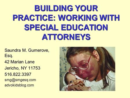 BUILDING YOUR PRACTICE: WORKING WITH SPECIAL EDUCATION ATTORNEYS Saundra M. Gumerove, Esq. 42 Marian Lane Jericho, NY 11753 516.822.3397