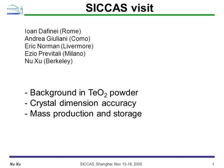 SICCAS visit - Background in TeO2 powder - Crystal dimension accuracy