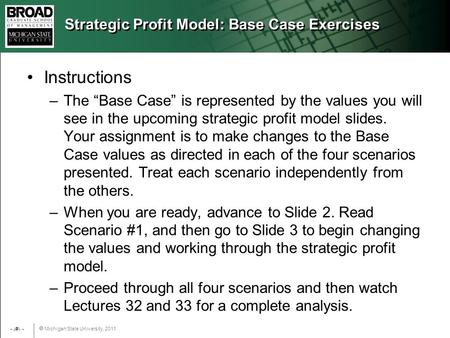  Michigan State University, 2011 - 1 - Strategic Profit Model: Base Case Exercises Instructions –The “Base Case” is represented by the values you will.