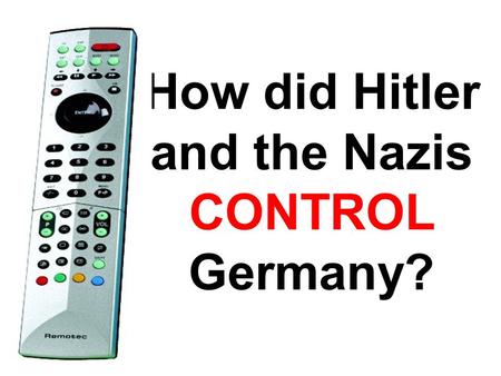 How did Hitler and the Nazis CONTROL Germany?. One-Party State The Gestapo Propaganda The Hitler Youth ‘Strength through Joy’ FEAR.