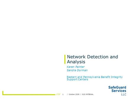 1/ October 2008 / SGS INTERNAL Network Detection and Analysis Karen Painter Sandra Dorman Eastern and Pennsylvania Benefit Integrity Support Centers.