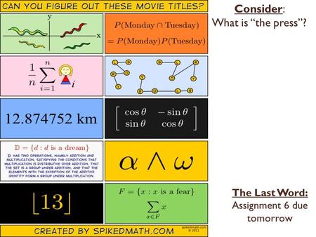 The Last Word: Assignment 6 due tomorrow Consider: What is “the press”?