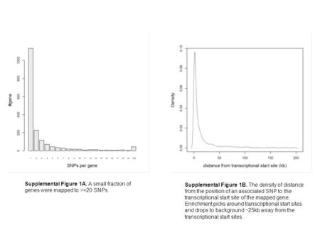 Supplemental Figure 1A. A small fraction of genes were mapped to >=20 SNPs. Supplemental Figure 1B. The density of distance from the position of an associated.