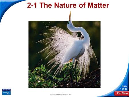 End Show Slide 1 of 40 Copyright Pearson Prentice Hall 2-1 The Nature of Matter.