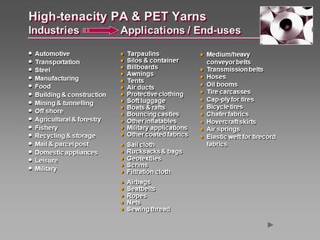 High-tenacity PA & PET Yarns Industries Applications / End-uses  Automotive  Transportation  Steel  Manufacturing  Food  Building & construction.