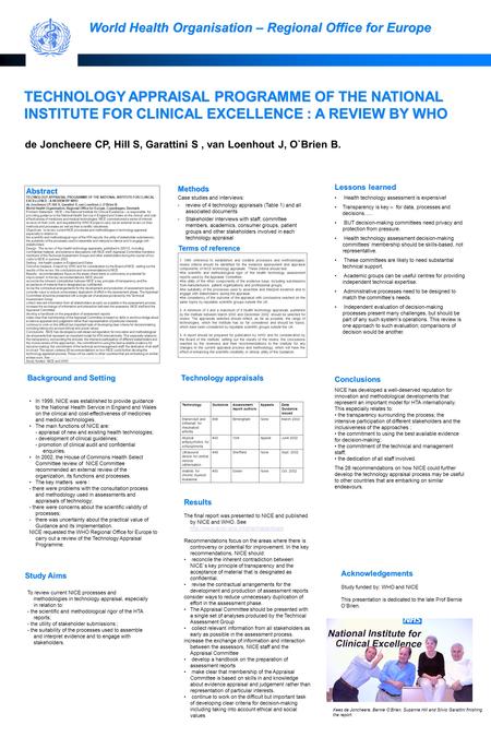 Results The final report was presented to NICE and published by NICE and WHO. See