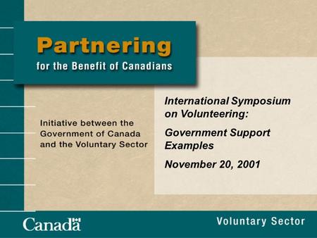 International Symposium on Volunteering: Government Support Examples November 20, 2001.