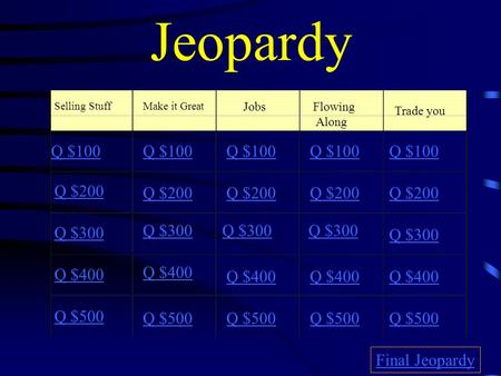 Jeopardy Selling StuffMake it Great Jobs Flowing Along Trade you Q $100 Q $200 Q $300 Q $400 Q $500 Q $100 Q $200 Q $300 Q $400 Q $500 Final Jeopardy.