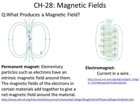 CH-28: Magnetic Fields Q:What Produces a Magnetic Field?