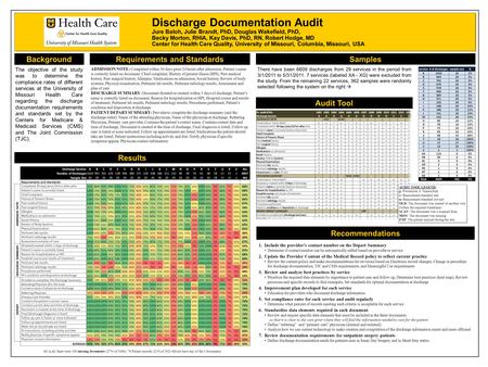 Discharge Documentation Audit Jure Baloh, Julie Brandt, PhD, Douglas Wakefield, PhD, Becky Morton, RHIA, Kay Davis, PhD, RN, Robert Hodge, MD Center for.