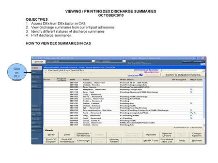 Click on DEx button VIEWING / PRINTING DEX DISCHARGE SUMMARIES OCTOBER 2010 OBJECTIVES 1.Access DEx from DEx button in CAS 2.View discharge summaries from.