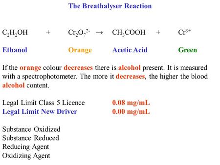 The Breathalyser Reaction C 2 H 2 OH+ Cr 2 O 7 2- →CH 3 COOH+Cr 3+ EthanolOrangeAcetic AcidGreen If the orange colour decreases there is alcohol present.