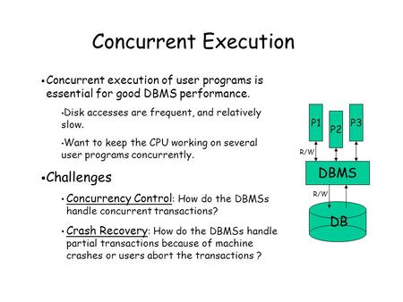  Concurrent execution of user programs is essential for good DBMS performance. Disk accesses are frequent, and relatively slow. Want to keep the CPU working.