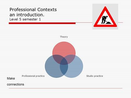 Professional Contexts an introduction. Level 5 semester 1 Theory Studio practice Professional practice Make connections.