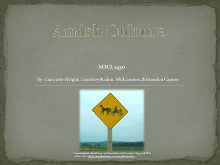 By: Charlotte Wright, Courtney Nadon, Will Janetos, & Brandon Caputo SOCL 1430 Canada Amish..Amish America Canada Amish Comments. N.p., n.d. Web. 12 Mar.