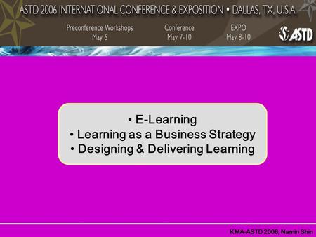 E-Learning Learning as a Business Strategy Designing & Delivering Learning KMA-ASTD 2006, Namin Shin.