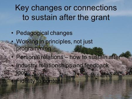 Key changes or connections to sustain after the grant Pedagogical changes Working in principles, not just programming Personal relations – how to sustain.