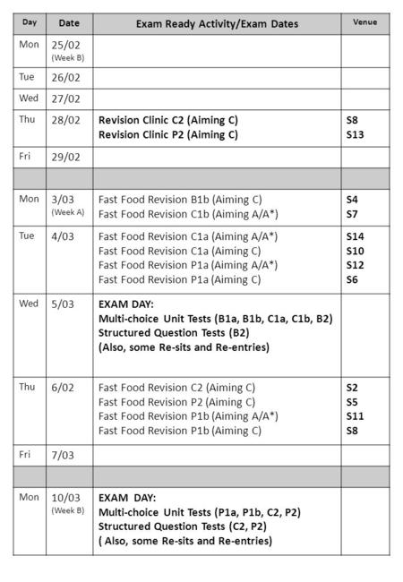 Day Date Exam Ready Activity/Exam Dates Venue Mon 25/02 (Week B) Tue 26/02 Wed 27/02 Thu 28/02Revision Clinic C2 (Aiming C) Revision Clinic P2 (Aiming.