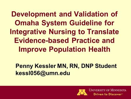 Development and Validation of Omaha System Guideline for Integrative Nursing to Translate Evidence-based Practice and Improve Population Health Penny Kessler.