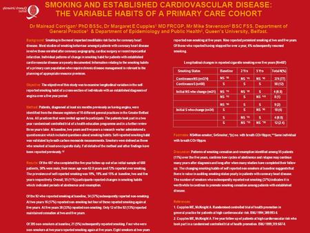 SMOKING AND ESTABLISHED CARDIOVASCULAR DISEASE: THE VARIABLE HABITS OF A PRIMARY CARE COHORT Dr Mairead Corrigan 1 PhD BSSc, Dr Margaret E Cupples 1 MD.