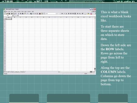 This is what a blank excel workbook looks like. To start there are three separate sheets on which to store data. Down the left side are the ROW labels.