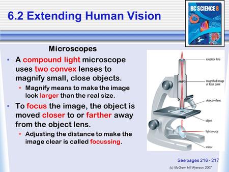 (c) McGraw Hill Ryerson 2007 6.2 Extending Human Vision Microscopes A compound light microscope uses two convex lenses to magnify small, close objects.