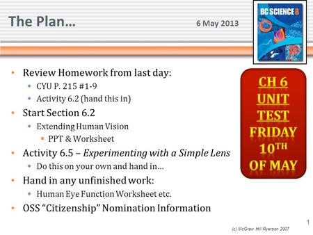 The Plan… 6 May 2013 Review Homework from last day:  CYU P. 215 #1-9  Activity 6.2 (hand this in) Start Section 6.2  Extending Human Vision  PPT &