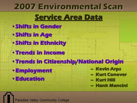 Paradise Valley Community College 2007 Environmental Scan Service Area Data Shifts in GenderShifts in Gender Shifts in AgeShifts in Age Shifts in EthnicityShifts.