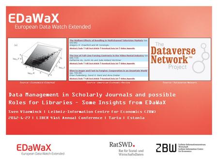 Data Management in Scholarly Journals and possible Roles for Libraries – Some Insights from EDaWaX Sven Vlaeminck | Leibniz-Information Centre for Economics.