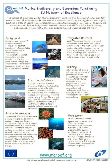 Marine Biodiversity and Ecosystem Functioning EU Network of Excellence A key product of MarBEF will be a new generation of professional marine ecosystem.