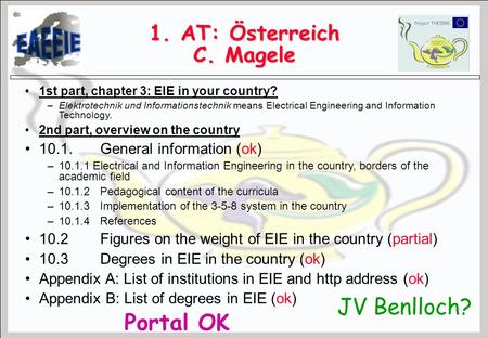 1. AT: Österreich C. Magele 1st part, chapter 3: EIE in your country? –Elektrotechnik und Informationstechnik means Electrical Engineering and Information.