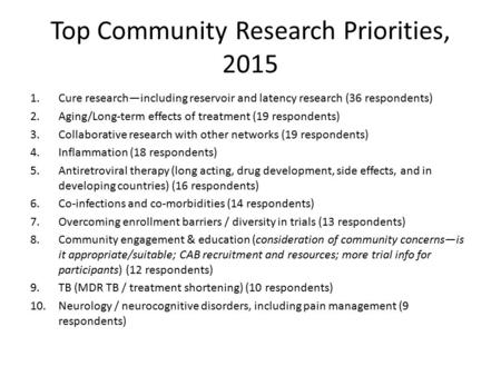 Top Community Research Priorities, 2015 1.Cure research—including reservoir and latency research (36 respondents) 2.Aging/Long-term effects of treatment.