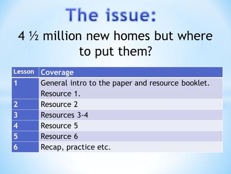 4 ½ million new homes but where to put them? Lesson Coverage 1 General intro to the paper and resource booklet. Resource 1. 2Resource 2 3Resources 3-4.