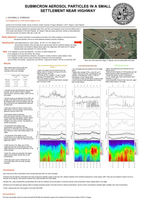 SUBMICRON AEROSOL PARTICLES IN A SMALL SETTLEMENT NEAR HIGHWAY J. HOVORKA, Z. STAŇKOVÁ  Institute for Environmental.