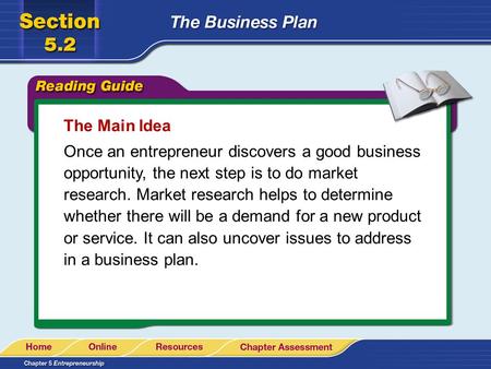 The Main Idea Once an entrepreneur discovers a good business opportunity, the next step is to do market research. Market research helps to determine whether.