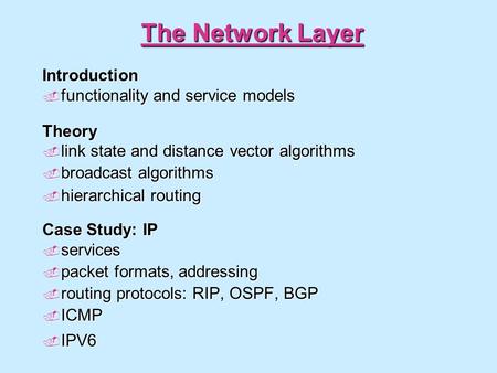 The Network Layer Introduction  functionality and service models Theory  link state and distance vector algorithms  broadcast algorithms  hierarchical.