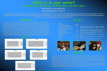 What is in your water? Comparisons of school water, bottled water, and dirty water The experiment we conducted was to see if the school’s water was safe.