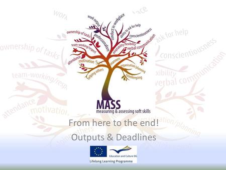 From here to the end! Outputs & Deadlines. WORK PACKAGE 1 CONSORTIUM MANAGEMENT – UK October 2009-September 2011 Evaluation Report/Final Report Project.