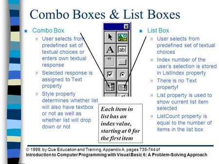 © 1999, by Que Education and Training, Appendix A, pages 735-744 of Introduction to Computer Programming with Visual Basic 6: A Problem-Solving Approach.