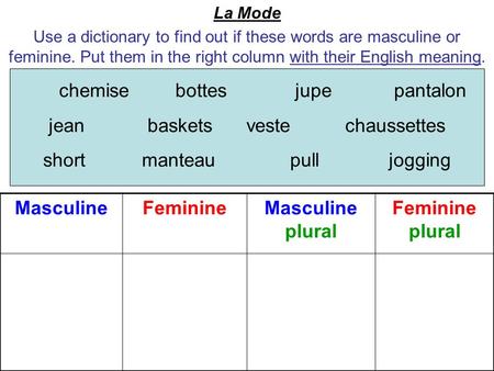 Masculine Feminine Masculine plural Feminine plural