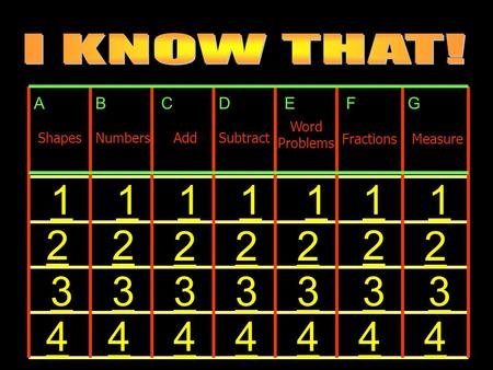 1 1111 111111 22 222 2 2 3333333 4444444 ABCDEFG ShapesNumbersAddSubtract Word Problems FractionsMeasure.