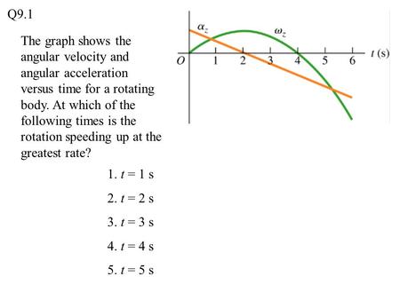 Q9.1 The graph shows the angular velocity and angular acceleration versus time for a rotating body. At which of the following times is the rotation speeding.