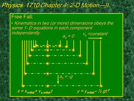 Free Fall: Kinematics in two (or more) dimensions obeys the same 1- D equations in each component independently. Kinematics in two (or more) dimensions.