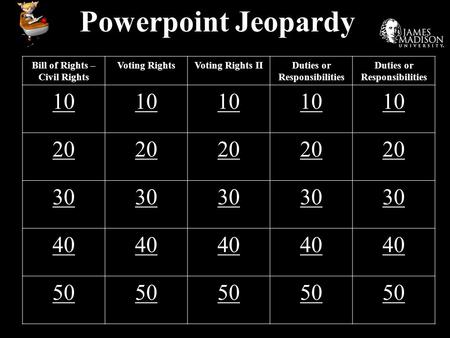 Powerpoint Jeopardy Bill of Rights – Civil Rights Voting RightsVoting Rights IIDuties or Responsibilities 10 20 30 40 50.