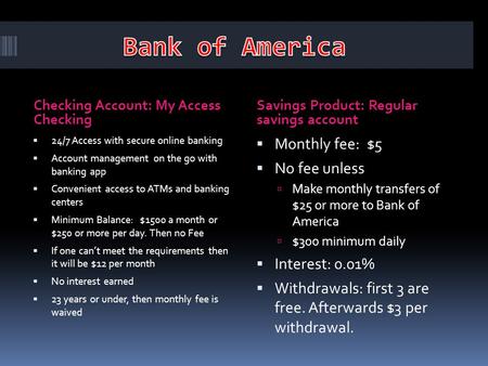 Checking Account: My Access Checking Savings Product: Regular savings account  24/7 Access with secure online banking  Account management on the go with.