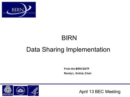 April 13 BEC Meeting BIRN Data Sharing Implementation From the BIRN DSTF Randy L. Gollub, Chair.