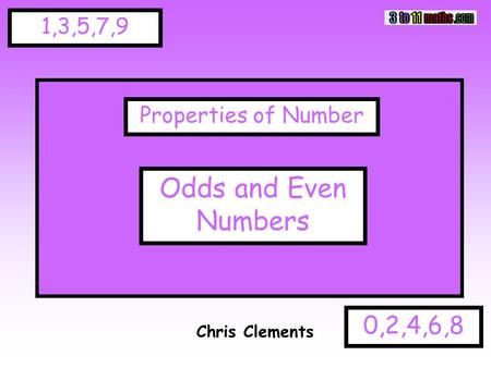 1,3,5,7,9 0,2,4,6,8 Chris Clements Properties of Number Odds and Even Numbers.