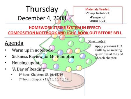 Thursday December 4, 2008 Agenda Warm up in notebook Sickness Review for Mr. Hampton Housing update “A Day of Reading” 1 st hour: Chapters 15, 16, 18,