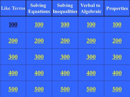 200 300 400 500 100 200 300 400 500 100 200 300 400 500 100 200 300 400 500 100 200 300 400 500 100 Like Terms Solving Equations Solving Inequalities Verbal.